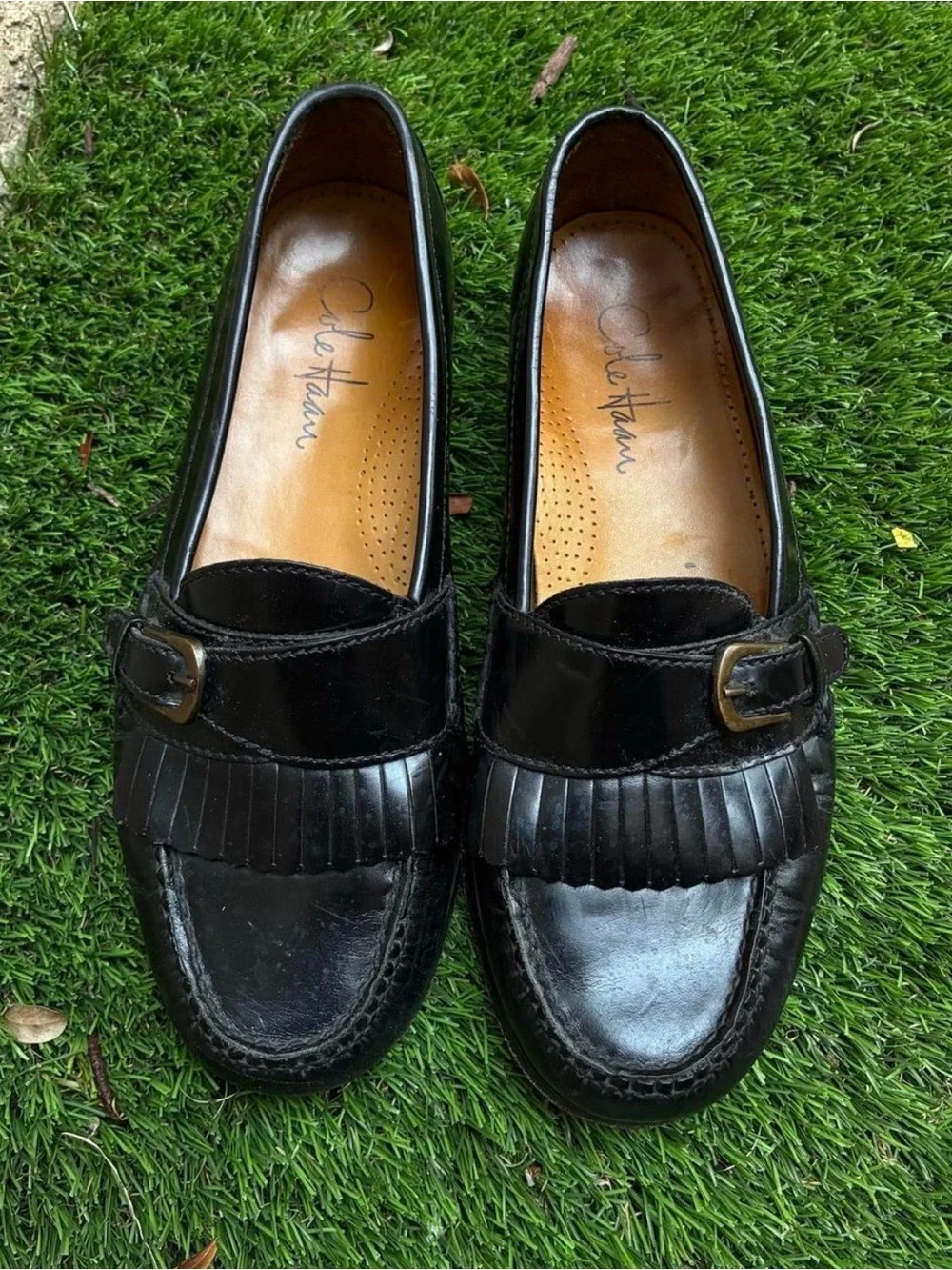Cole Haan Black Leather Fringe Loafers with Buckle Size 8.5 M